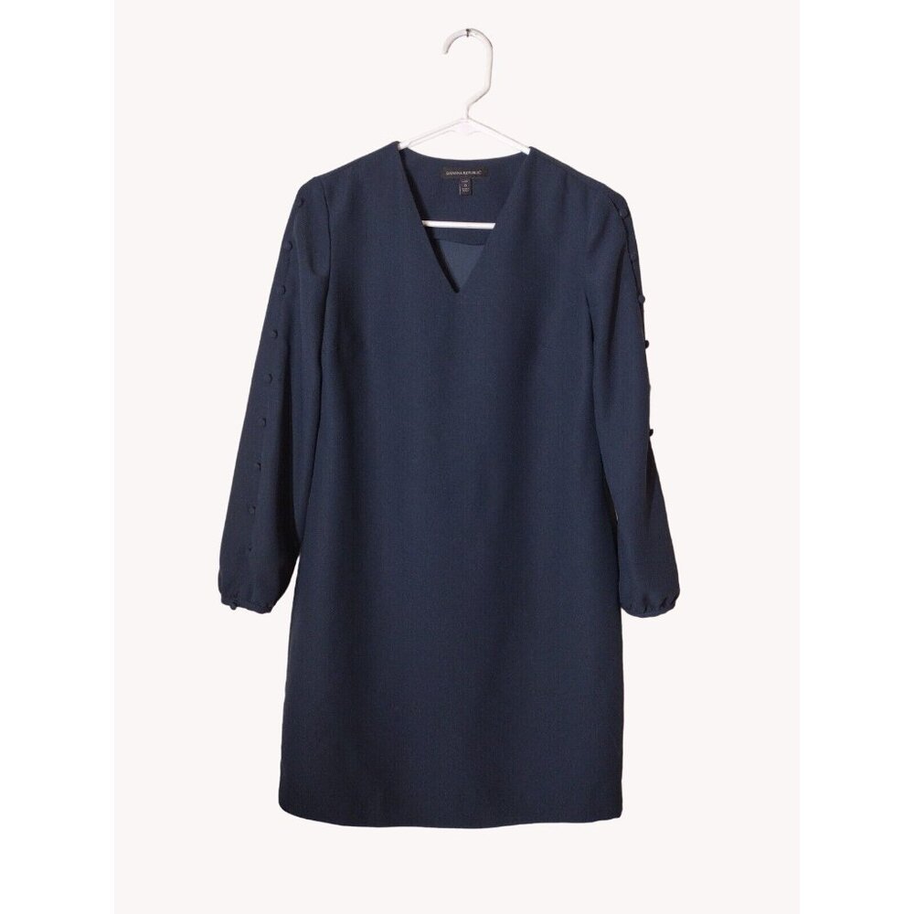 Banana Republic Dress 0 Petite Button Sleeve V Neck Mini Navy